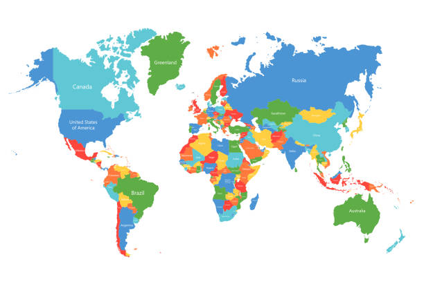 벡터 세계 지도입니다. 국가 국경으로 다채로운 세계 지도입니다. 비즈니스, 여행, 의학, 교육에 대 한 상세한 지도 - map continents earth europe stock illustrations