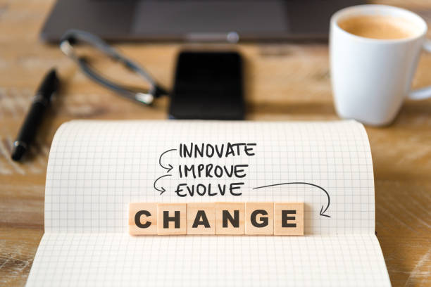 istock Closeup on notebook over wood table background, focus on wooden blocks with letters making Innovate, Improve, Evolve, Change text 989185310