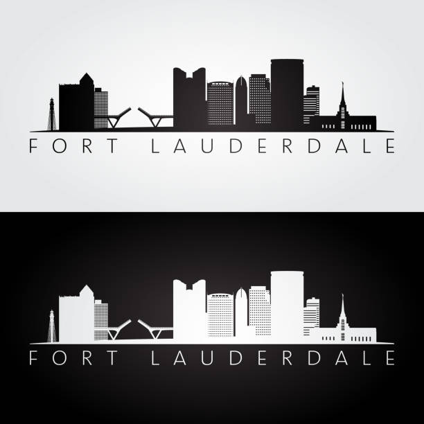 illustrazioni stock, clip art, cartoni animati e icone di tendenza di fort lauderdale, skyline degli stati uniti e silhouette di punti di riferimento, design in bianco e nero, illustrazione vettoriale. - fort lauderdale