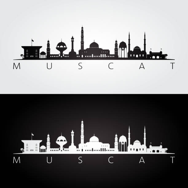 illustrazioni stock, clip art, cartoni animati e icone di tendenza di skyline di muscat e silhouette di punti di riferimento, design in bianco e nero, illustrazione vettoriale. - oman greater masqat built structure mosque