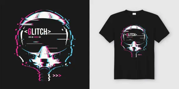 Vector illustration of Stylish t-shirt and apparel trendy design with glitchy flight helmet, typography, print, vector illustration