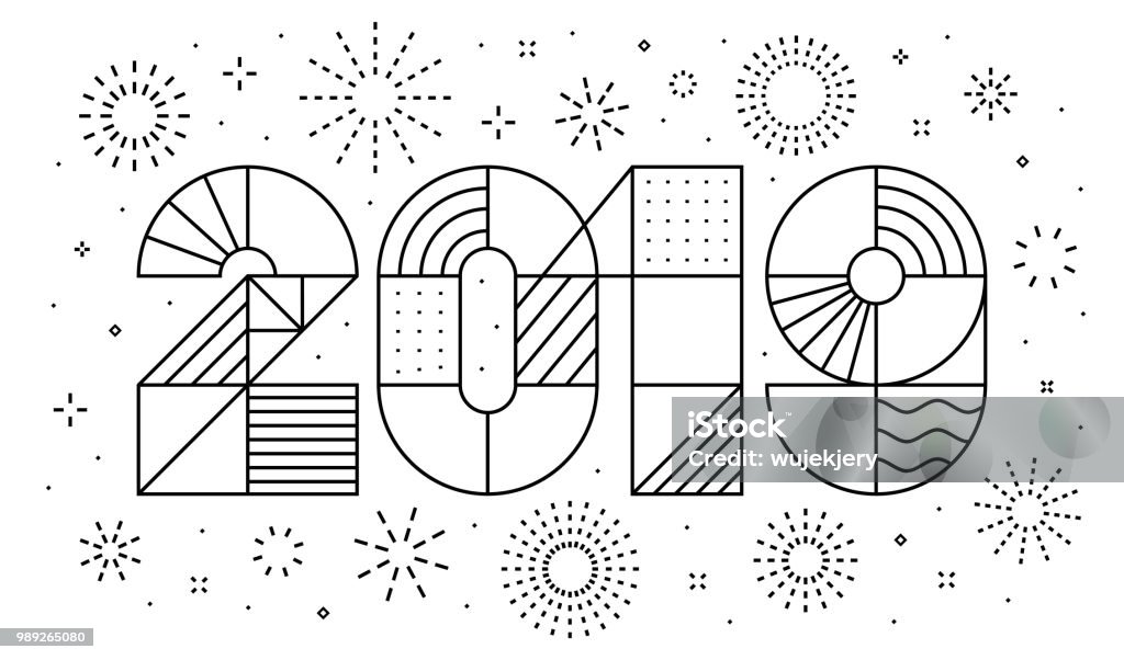 2019 New year greeting card with fireworks 2019 New year greeting card with fireworks. Minimalist style, geometric thin outline. Vector, eps.10 Firework Display stock vector