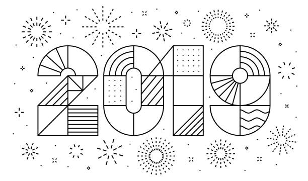 2019 New year greeting card with fireworks 2019 New year greeting card with fireworks. Minimalist style, geometric thin outline. Vector, eps.10 new years 2019 stock illustrations