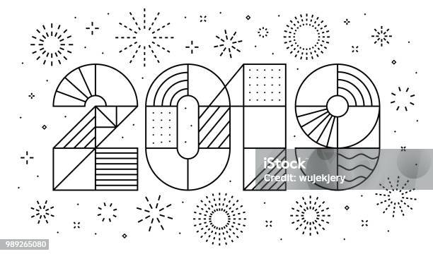 2019 New Year Greeting Card With Fireworks Stock Illustration - Download Image Now - Firework Display, Firework - Explosive Material, Confetti