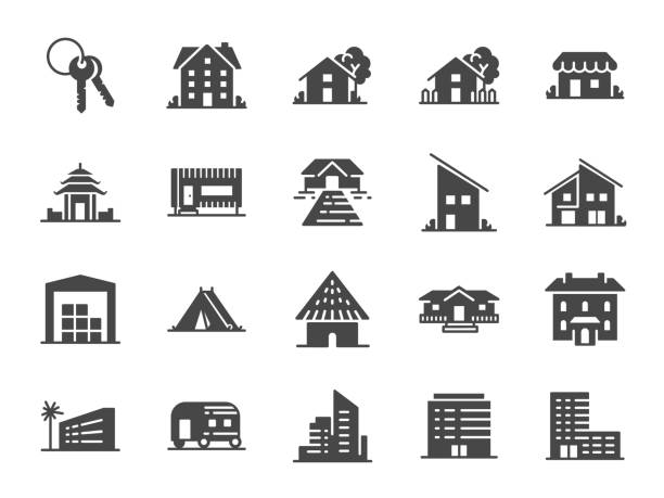 eigentum-icon-set. enthalten symbole als hotel, haus, heim, resort, stadt, unterkünfte, reisen und mehr. - travel house church built structure stock-grafiken, -clipart, -cartoons und -symbole