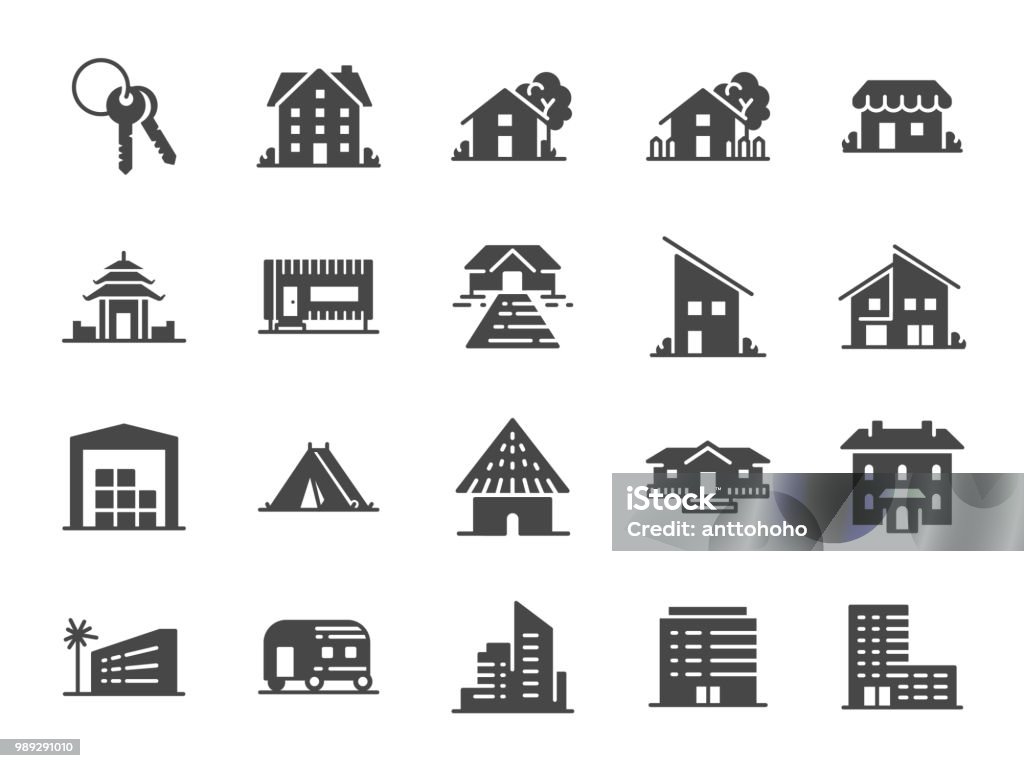Property icon set. Included icons as hotel, house, home, resort, city, accommodations, travel and more. Icon Symbol stock vector