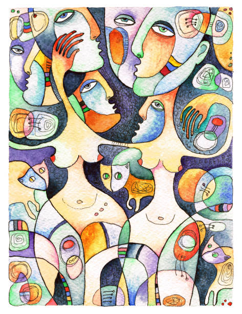 акварель с танцующими женщинами и кошками. картина изолирована на белом фоне. - art women naked nudist stock illustrations
