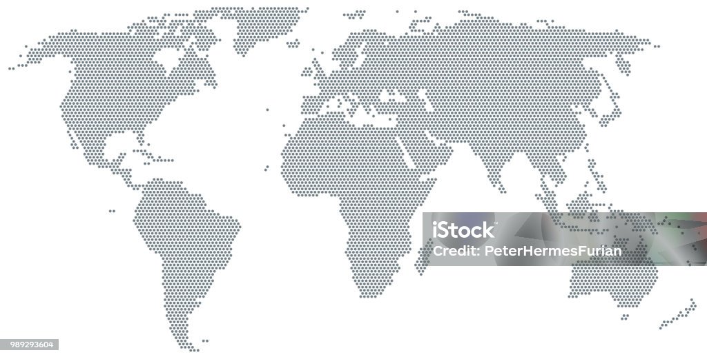 Map of the world made of gray dots Map of the world made of gray dots. Dotted silhouette, outline and surface of the Earth under Robinson projection. Dots in a row. Isolated illustration on white background. Vector. World Map stock vector