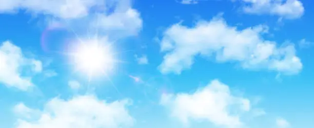 Vector illustration of Sunny background, blue sky with white clouds and sun