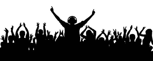 쾌활 한 군중 박수 dj. 박수, 파티, 콘서트입니다. 디스코에서 춤을 - applauding human hand silhouette audience stock illustrations