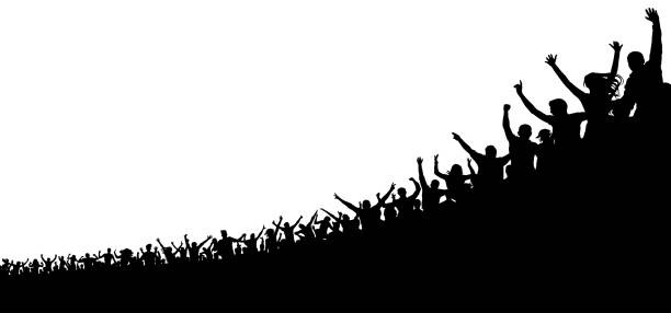 толпа любителей спорта. спортивная веселая публика. толпа людей на стадионе, арене. вектор силуэта - cheering silhouette people crowd stock illustrations