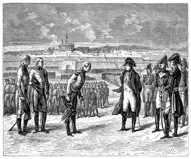 General Mack surrenders his army to Napoleon at Ulm, 20 October 1805. Illustration of a General Mack surrenders his army to Napoleon at Ulm, 20 October 1805. ulm germany stock illustrations