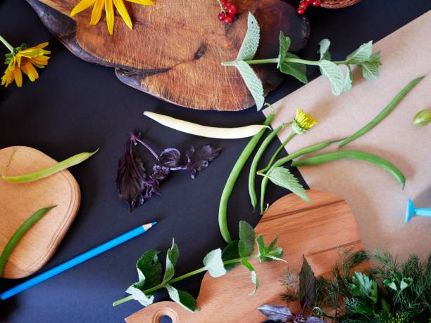 istock Summer still-life from greenery, vegetables, top view 989310198