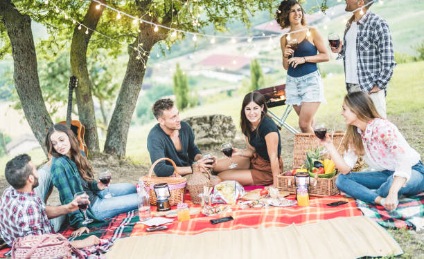 счастливые друзья millennials haing пикник bbq ужин на открытом воздухе - молодые люди едят и пьют вино в летний день выходные - дружба, питание, висит  - meeting food nature foods and drinks стоковые фото и изображения