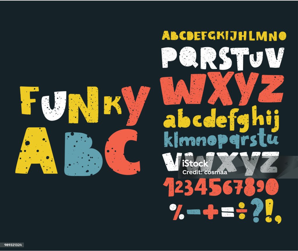 Hand draw doodle abc, alphabet grunge scratch type font vector illustration. Vector set Alphabets. Cute colorful English alphabet, vintage font on dark background, bold, funny hand written capital ABC. Lowercase and uppercase letters, numbers and sigst on dark background Typescript stock vector