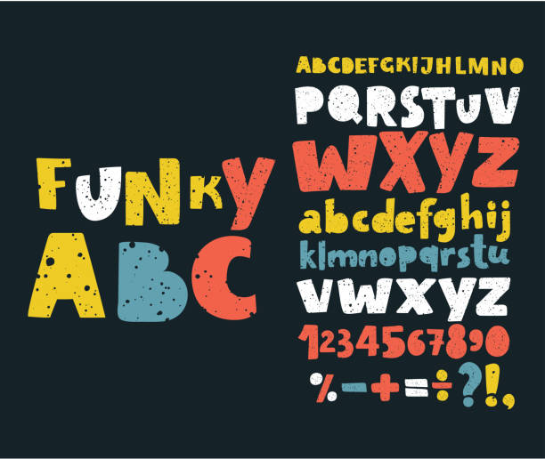 Hand draw doodle abc, alphabet grunge scratch type font vector illustration. Vector set Alphabets. Cute colorful English alphabet, vintage font on dark background, bold, funny hand written capital ABC. Lowercase and uppercase letters, numbers and sigst on dark background funky stock illustrations