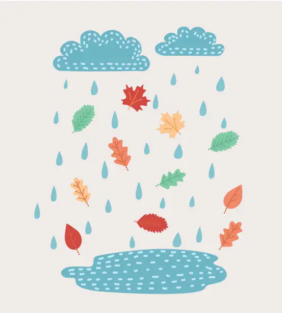 Vector illustration of Vector painting hands cloud and rain. Turquoise watercolor art. Design element. Creative weather. Fine raindrops in sky.