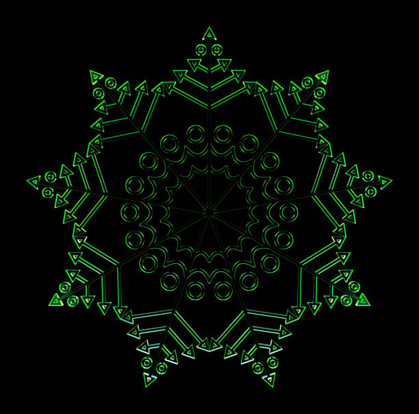 Cosmic green snowflake on the black background. Abstract isolated object. 3D rendering.