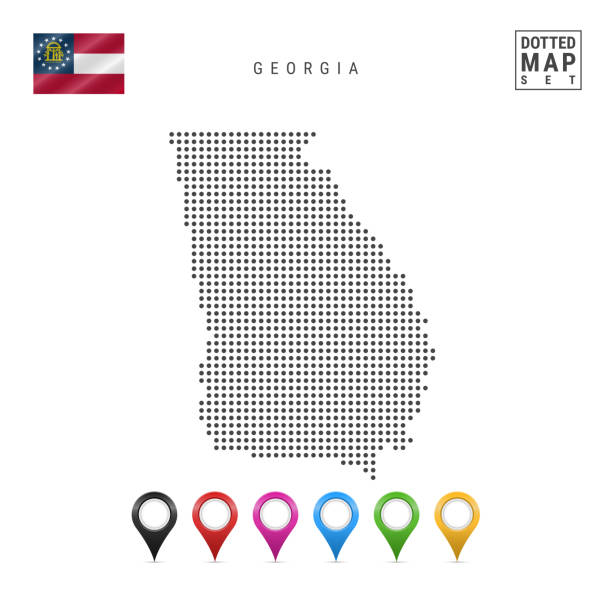 Dots Pattern Vector Map of Georgia. Stylized Silhouette of Georgia. Flag of Georgia. Set of Multicolored Map Markers Dots Pattern Vector Map of Georgia. Stylized Simple Silhouette of Georgia. The Flag of the State of Georgia. Set of Multicolored Map Markers. Illustration Isolated on White Background. georgia us state stock illustrations