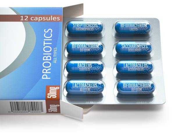 Probiotics. Blister box with all types of probiotics capsules. Pills with bifidobacterium, lactobacillus, sacchaomyces and othes bacillus. Probiotics. Blister box with all types of probiotics capsules. Pills with bifidobacterium, lactobacillus, sacchaomyces and othes bacillus. 3d illustration bifidobacterium stock pictures, royalty-free photos & images