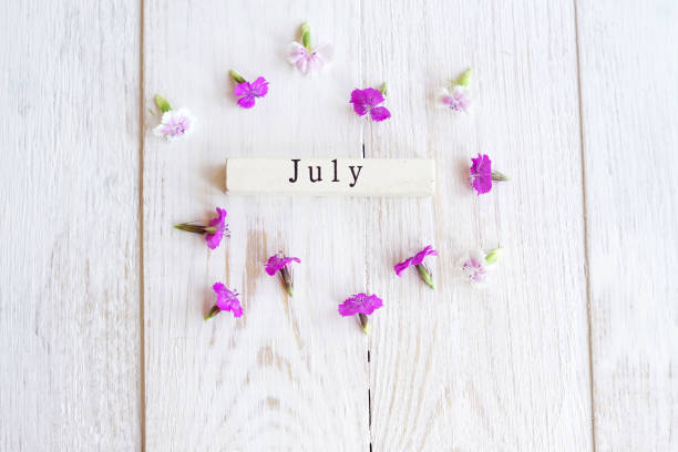 木製カレンダー 7 月 sighn とピンク花の平面図です。 - sighn ストックフォトと画像