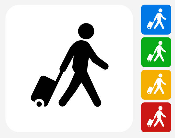 ilustraciones, imágenes clip art, dibujos animados e iconos de stock de hombre caminando con icono de maleta - suitcase