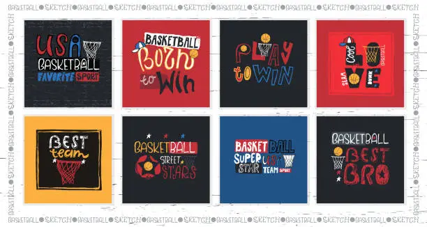 Vector illustration of A collection of vector illustrations for American basketball. Motivation quotes, slogan, grunge. Sport fashion print for t-shirt, text: born to win, play to win.