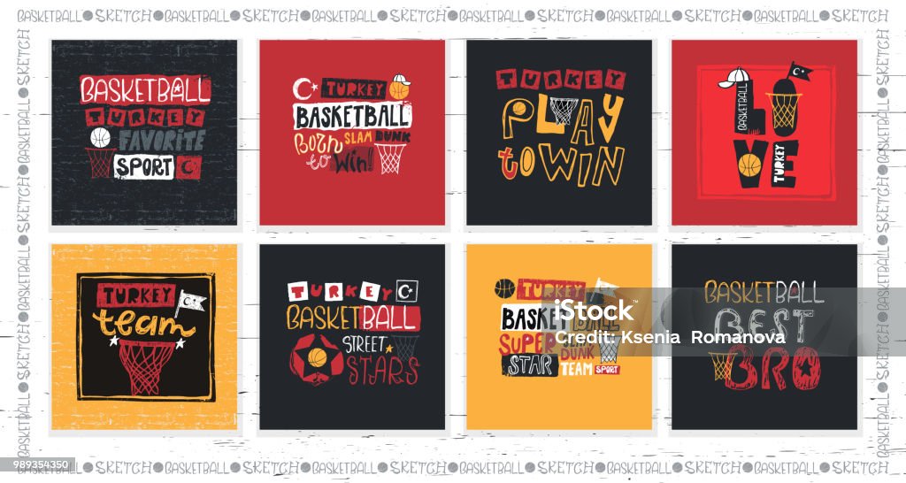 Set of vector illustrations for Turkish basketball. Handwritten lettering, hand drawing, symbol. Sport fashion print for t shirt, text born to win, play to win. Motivation quotes, phrases. Basketball - Sport stock vector