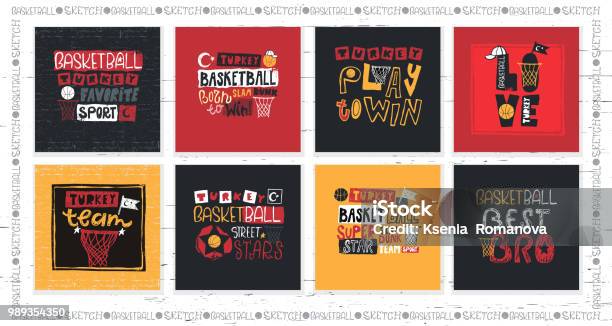 Set Of Vector Illustrations For Turkish Basketball Handwritten Lettering Hand Drawing Symbol Sport Fashion Print For T Shirt Text Born To Win Play To Win Stock Illustration - Download Image Now