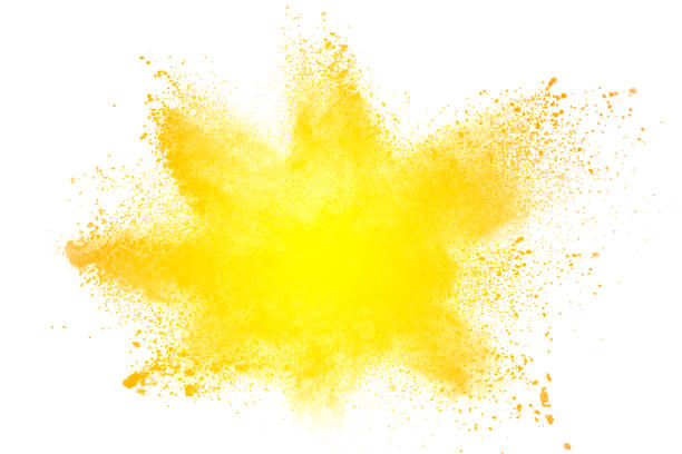 abstract yellow dust explosion on  white background. abstract yellow powder splatter on white background. freeze motion of yellow powder splash. - powder blue imagens e fotografias de stock