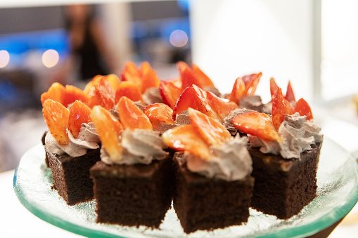 Chocolate cake with custard and strawberry