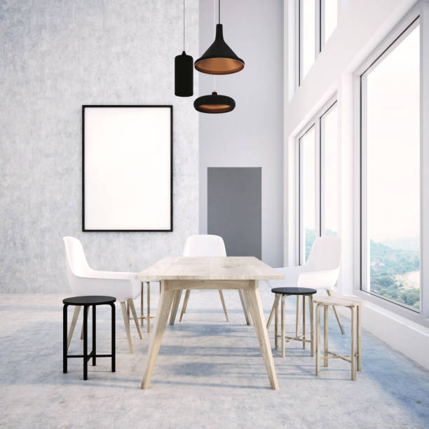 istock Loft dining room interior, wooden table, poster 989379814