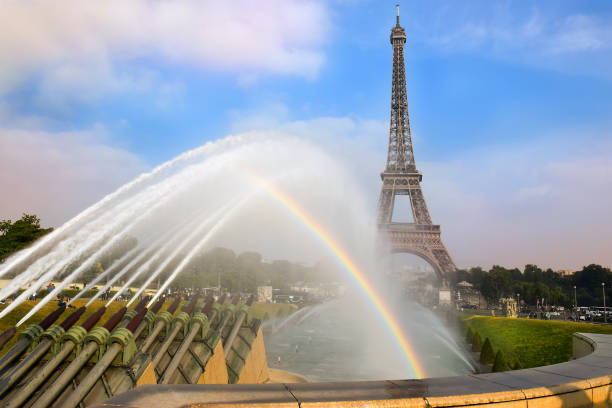 view with rainbow over the Eiffel Tower and Fountain of Warsaw from Trocadero gardens , Paris, France