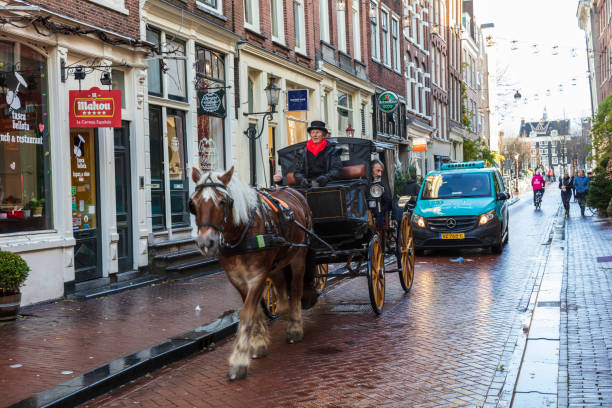 Amsterdam, Netherlands - December 14,2017: Tourist in a horse and carriage being taken for a ride around Amsterdam city centre.