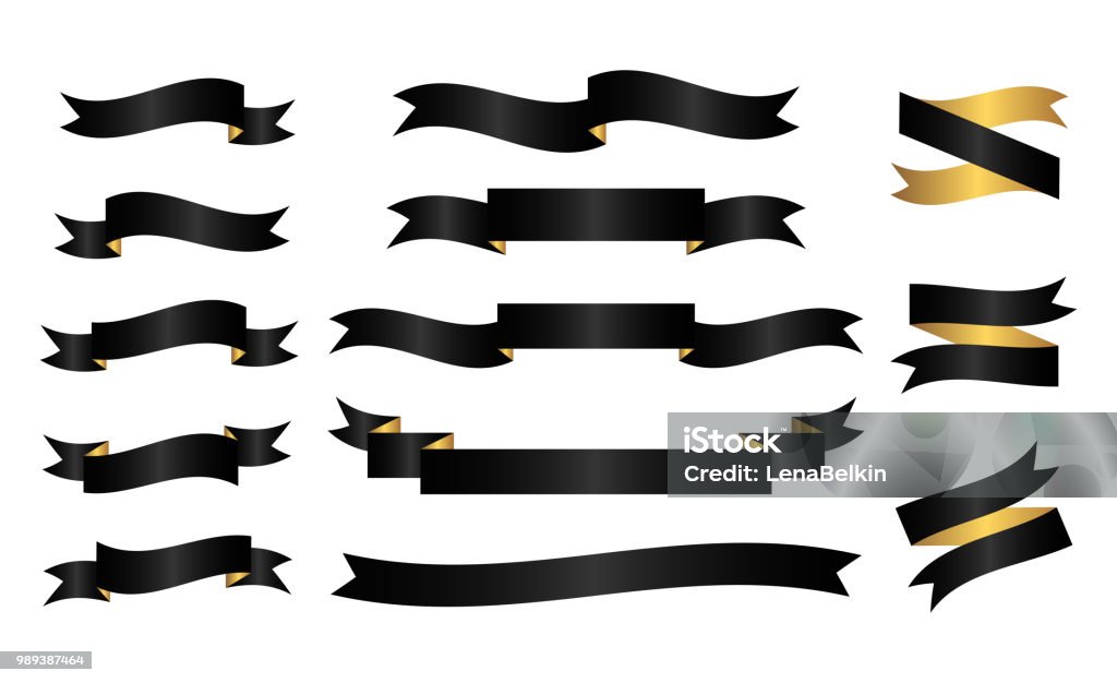 Black and golden ribbons Set of black and gold vector ribbons. Design element for greeting cards, invitation. Award Ribbon stock vector