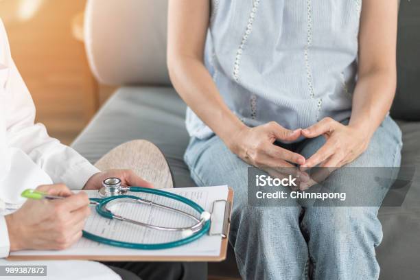 Doctor Or Psychiatrist Consulting And Diagnostic Examining Stressful Woman Patient On Obstetric Gynecological Female Illness Or Mental Health In Medical Clinic Or Hospital Healthcare Service Center Stock Photo - Download Image Now