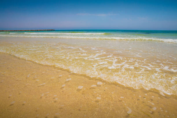 istock Soft blue ocean wave on sandy beach. Bottom. White sand on the beach with turquoise water in Djerba, Tunisia. 989393196