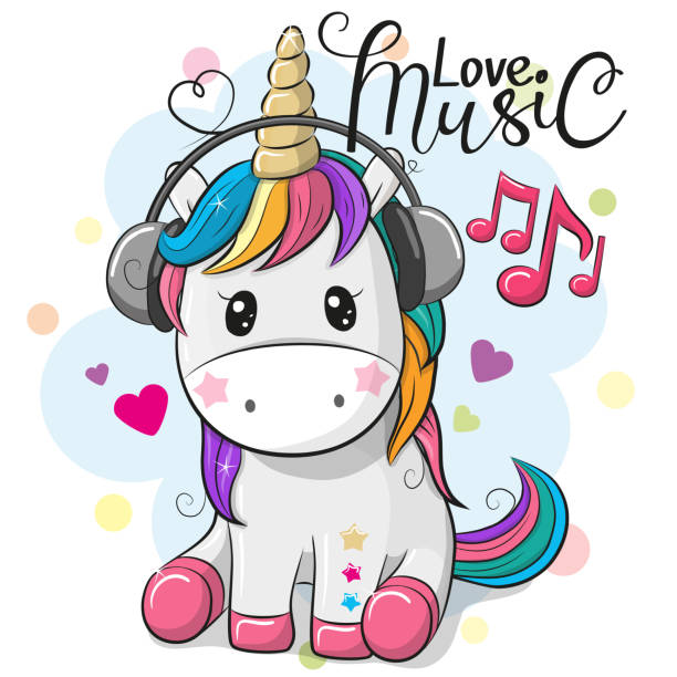 ilustrações de stock, clip art, desenhos animados e ícones de unicorn with headphones on a blue background - baby animals audio