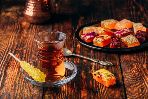 istock Tea in armudu glass with rahat lokum 989402662