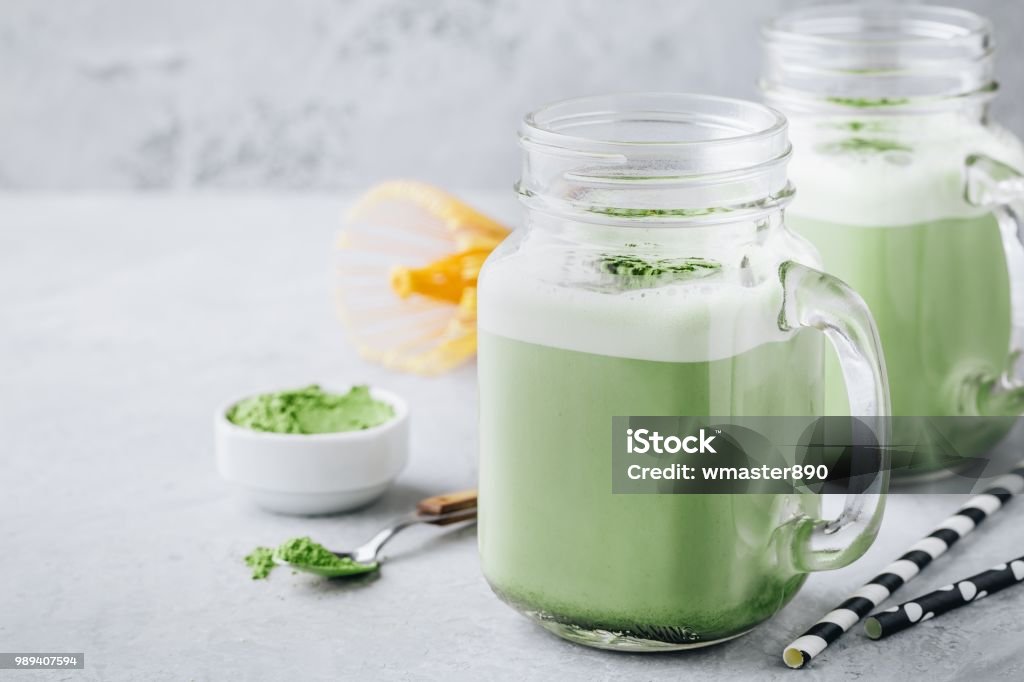 Vanilla Green Tea Matcha smoothie in mason jar Vanilla Green Tea Matcha smoothie in glass mason jar Matcha Tea Stock Photo