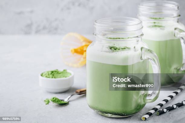 Vanilla Green Tea Matcha Smoothie In Mason Jar Stock Photo - Download Image Now - Matcha Tea, Smoothie, Milkshake