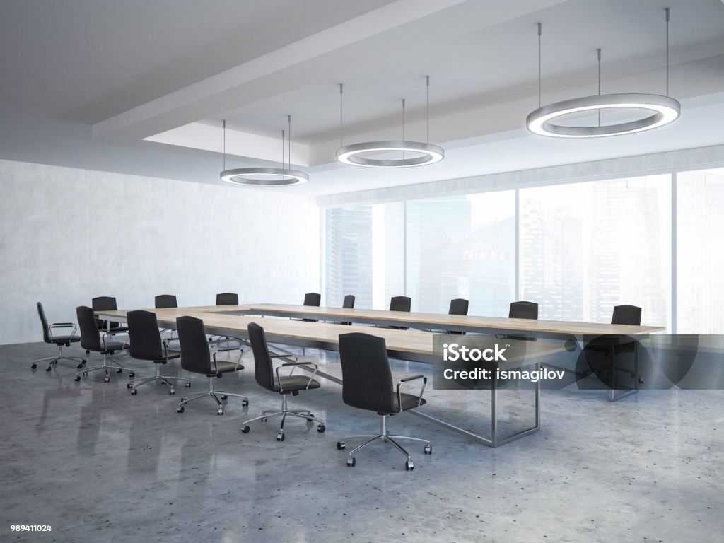 Black chairs loft boardroom interior Black chairs boardroom interior with a long wooden table, panoramic windows and round ceiling lamps. A side view. Concept of business strategy. 3d rendering mock up Meeting Room Stock Photo