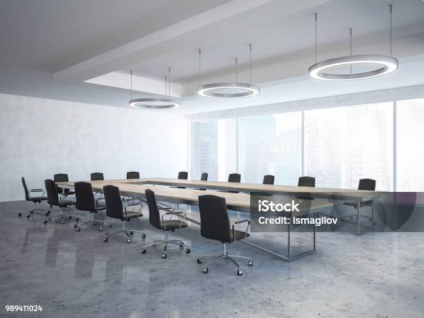 Black Chairs Loft Boardroom Interior Stock Photo - Download Image Now - Meeting Room, Corporate Business, Domestic Room