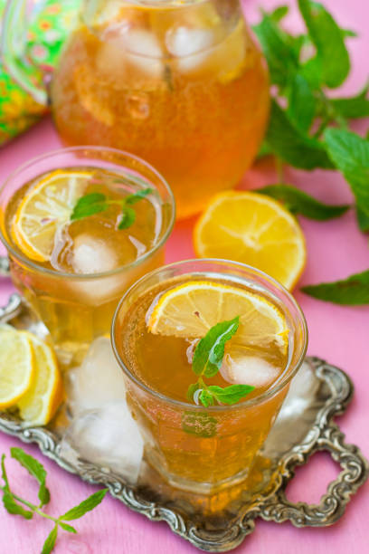 istock Sweet iced tea with mint, lemon and ice cubes 989411404