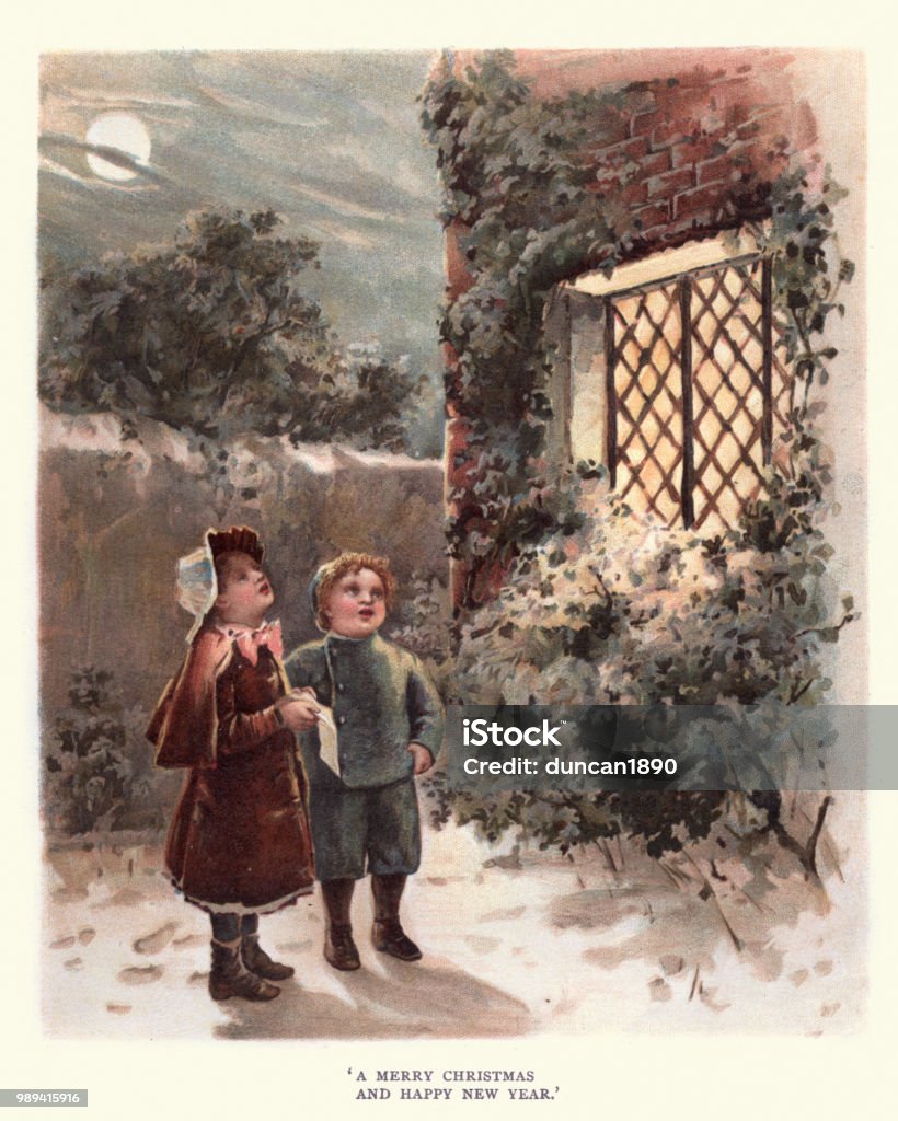 Victorian Children singing Marry Christmas, 19th Century Vintage engraving of Children singing Marry Christmas, 19th Century Christmas stock illustration