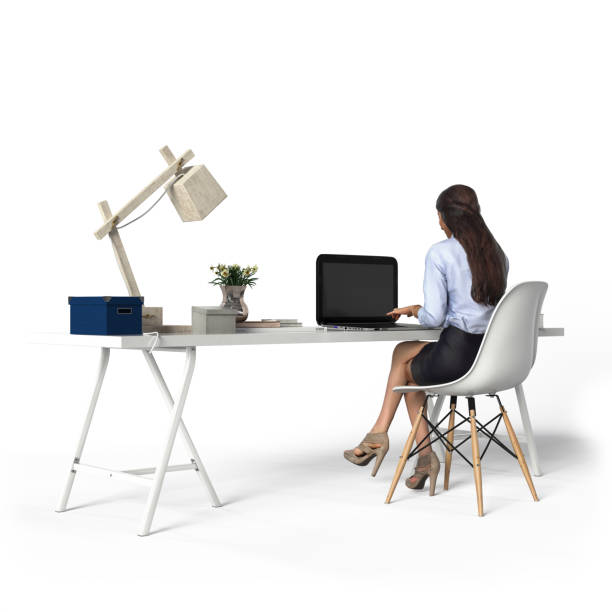 istock View of sitting woman at the computer, 3d rendering 989417184