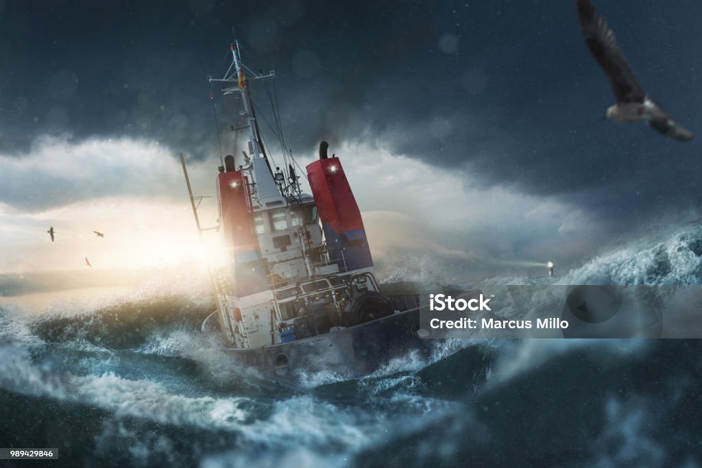 Ship in storm on the sea Storm Stock Photo