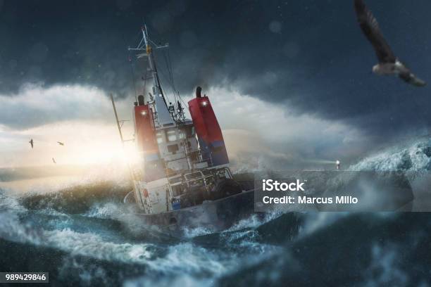 Ship In Storm On The Sea Stock Photo - Download Image Now - Storm, Ship, Sea