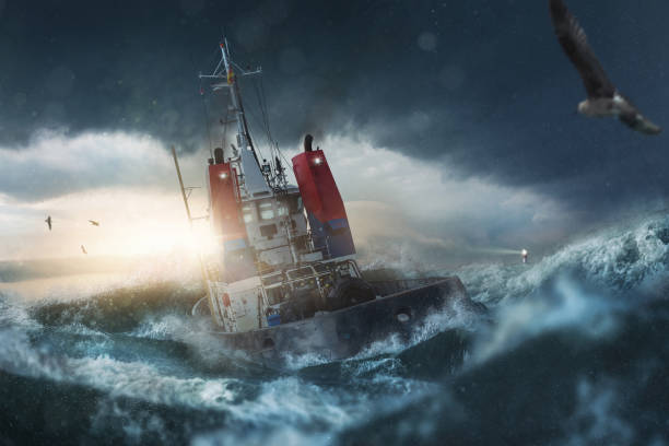 ship in storm on the sea - tempestade imagens e fotografias de stock