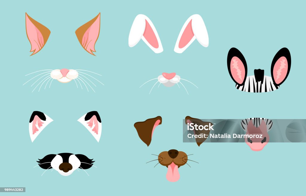 Vector illustration of cute and nice animal ears and nose masks for selfies, pictures and video effect. Funny animals faces filters for mobile phone. Vector illustration of cute and nice animal ears and nose masks for selfies, pictures and video effect. Funny animals faces filters for mobile phone Domestic Cat stock vector